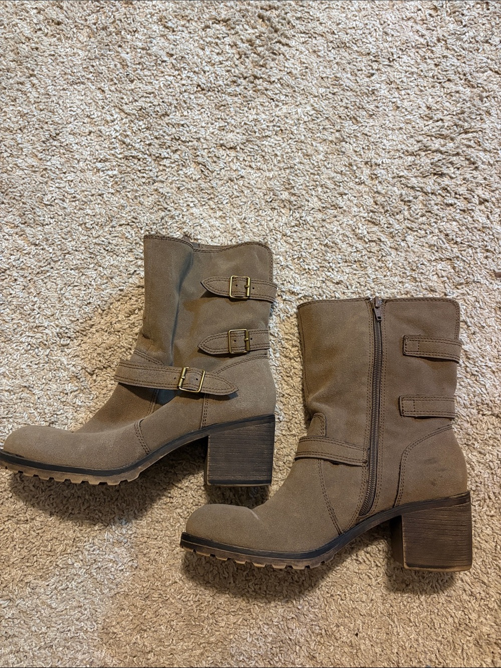 Taupe Women's Mid-Calf Buckle Heeled Boots